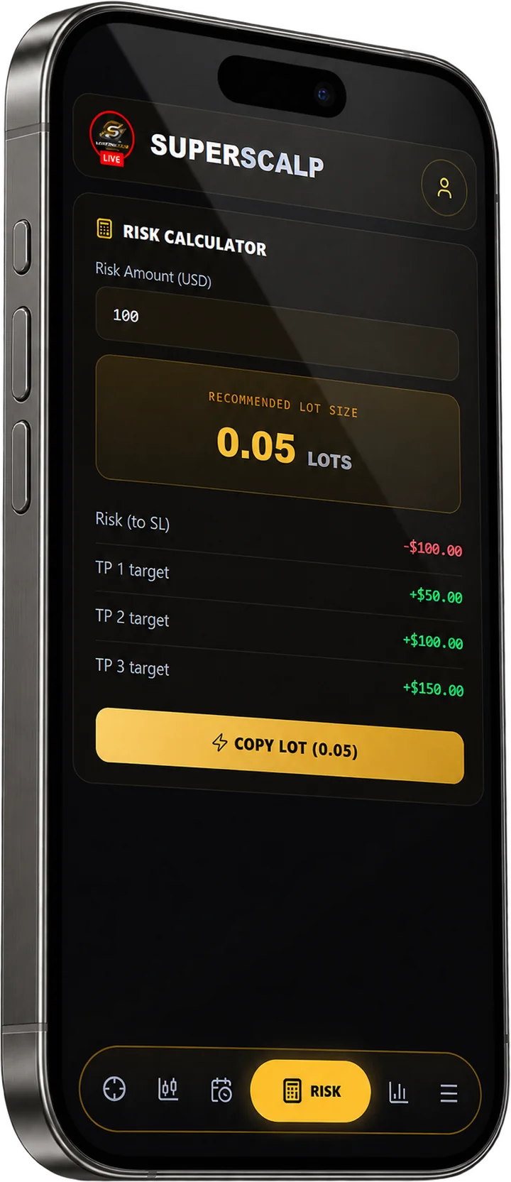 SuperScalp risk calculator on a phone